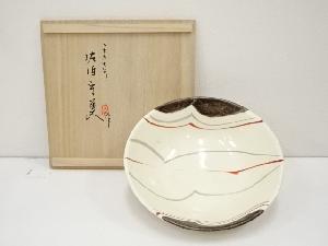 佐伯守美造　掻落し線文赤絵鉢（共箱）